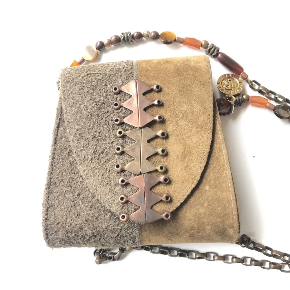 LEATHEROCK Olive & Tan Suede Box Shoulder Bag with Bead & Bronze Detail - Picture 2 of 13